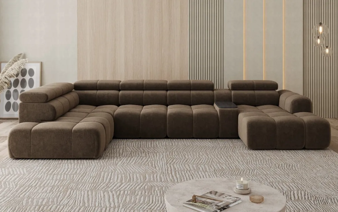 Designer Sofa Wohnlandschaft Mia mit elektrischer Sitzerweiterung in Chenille