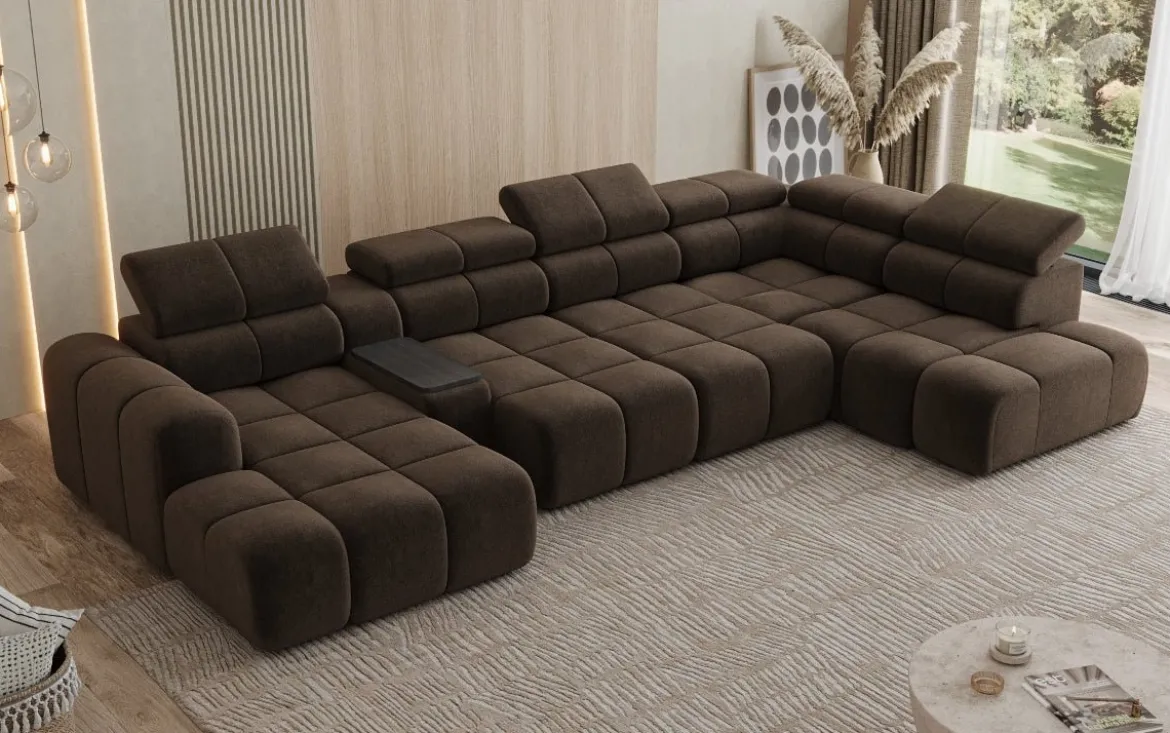 Designer Sofa Wohnlandschaft Mia mit elektrischer Sitzerweiterung in Chenille