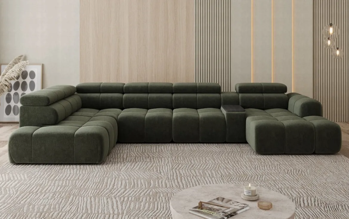 Designer Sofa Wohnlandschaft Mia mit elektrischer Sitzerweiterung in Chenille