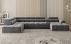 Designer Sofa Wohnlandschaft Mia mit elektrischer Sitzerweiterung in Chenille