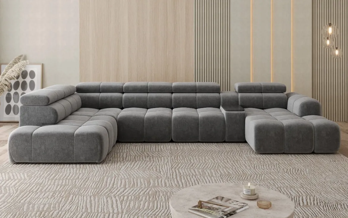 Designer Sofa Wohnlandschaft Mia mit elektrischer Sitzerweiterung in Chenille