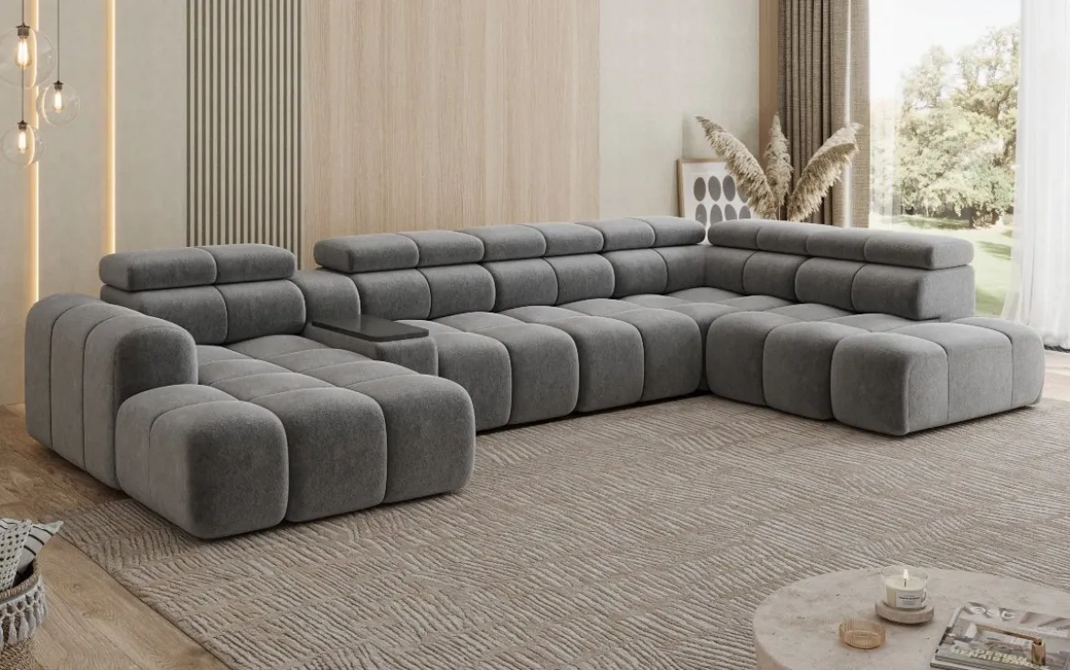 Designer Sofa Wohnlandschaft Mia mit elektrischer Sitzerweiterung in Chenille
