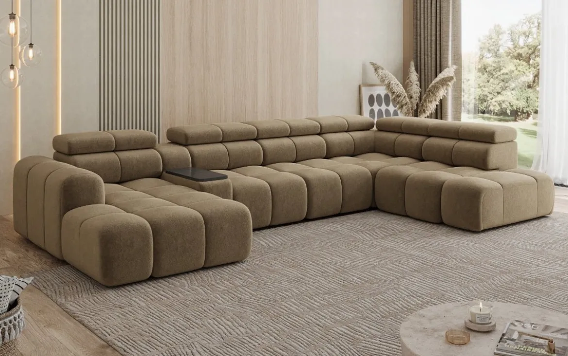Designer Sofa Wohnlandschaft Mia mit elektrischer Sitzerweiterung in Chenille