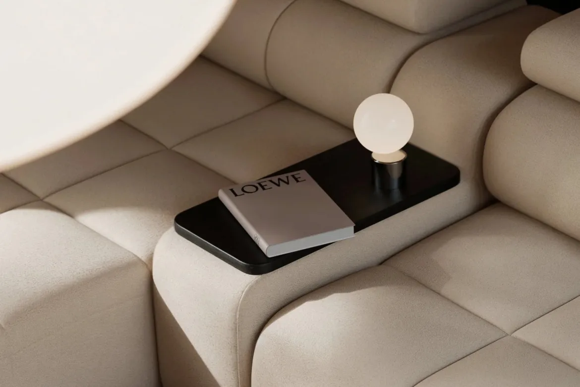 Designer Sofa Wohnlandschaft Mia mit elektrischer Sitzerweiterung in Chenille