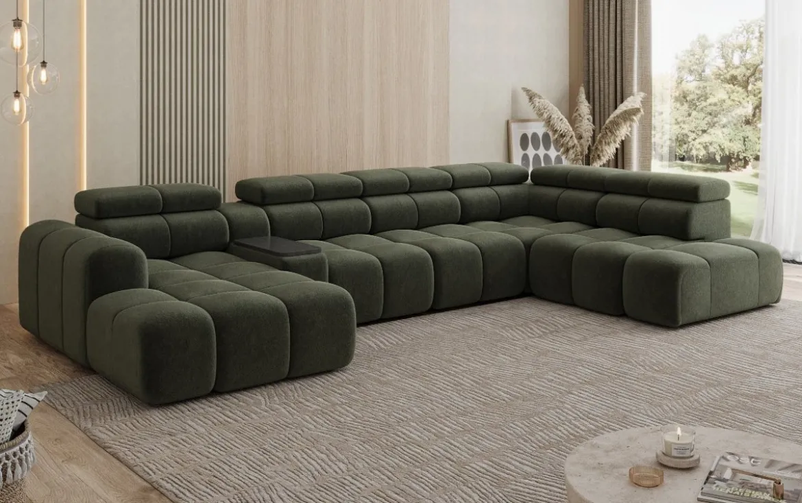 Designer Sofa Wohnlandschaft Mia mit elektrischer Sitzerweiterung in Chenille