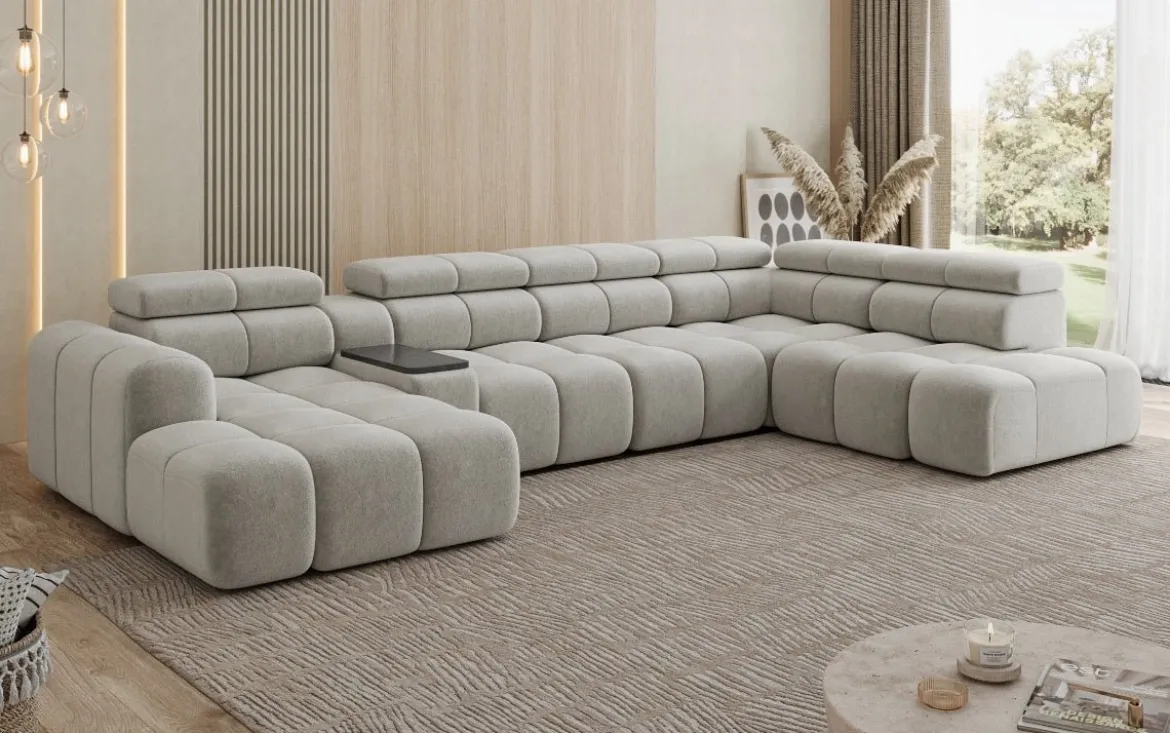 Designer Sofa Wohnlandschaft Mia mit elektrischer Sitzerweiterung in Chenille