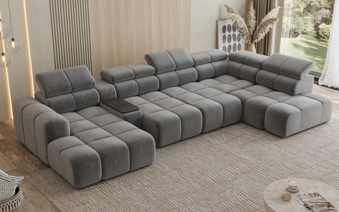 Designer Sofa Wohnlandschaft Mia mit elektrischer Sitzerweiterung in Chenille