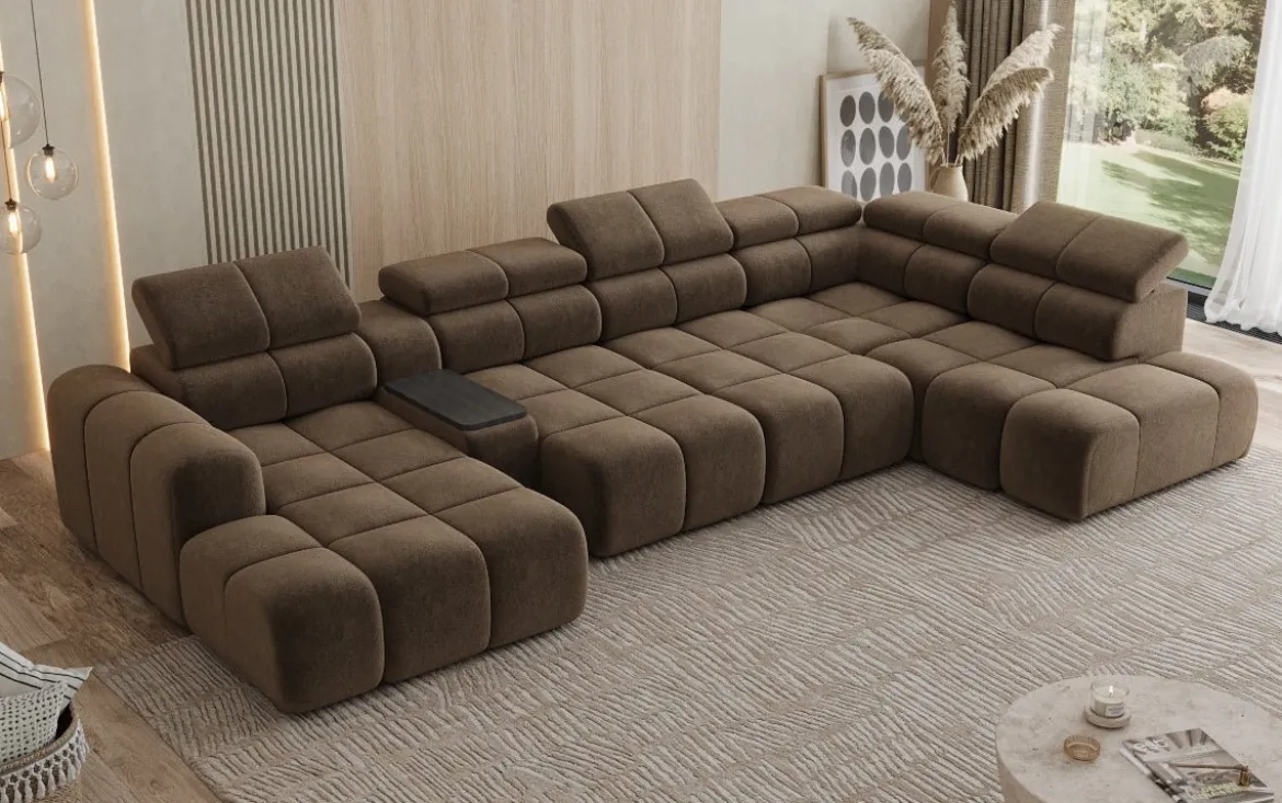 Designer Sofa Wohnlandschaft Mia mit elektrischer Sitzerweiterung in Chenille