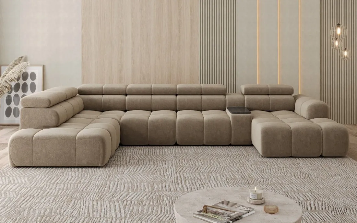 Designer Sofa Wohnlandschaft Mia mit elektrischer Sitzerweiterung in Chenille