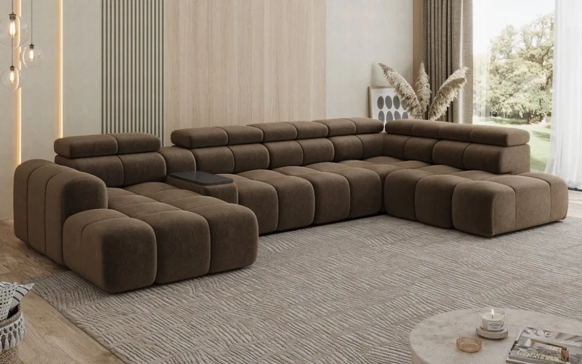 Designer Sofa Wohnlandschaft Mia mit elektrischer Sitzerweiterung in Chenille