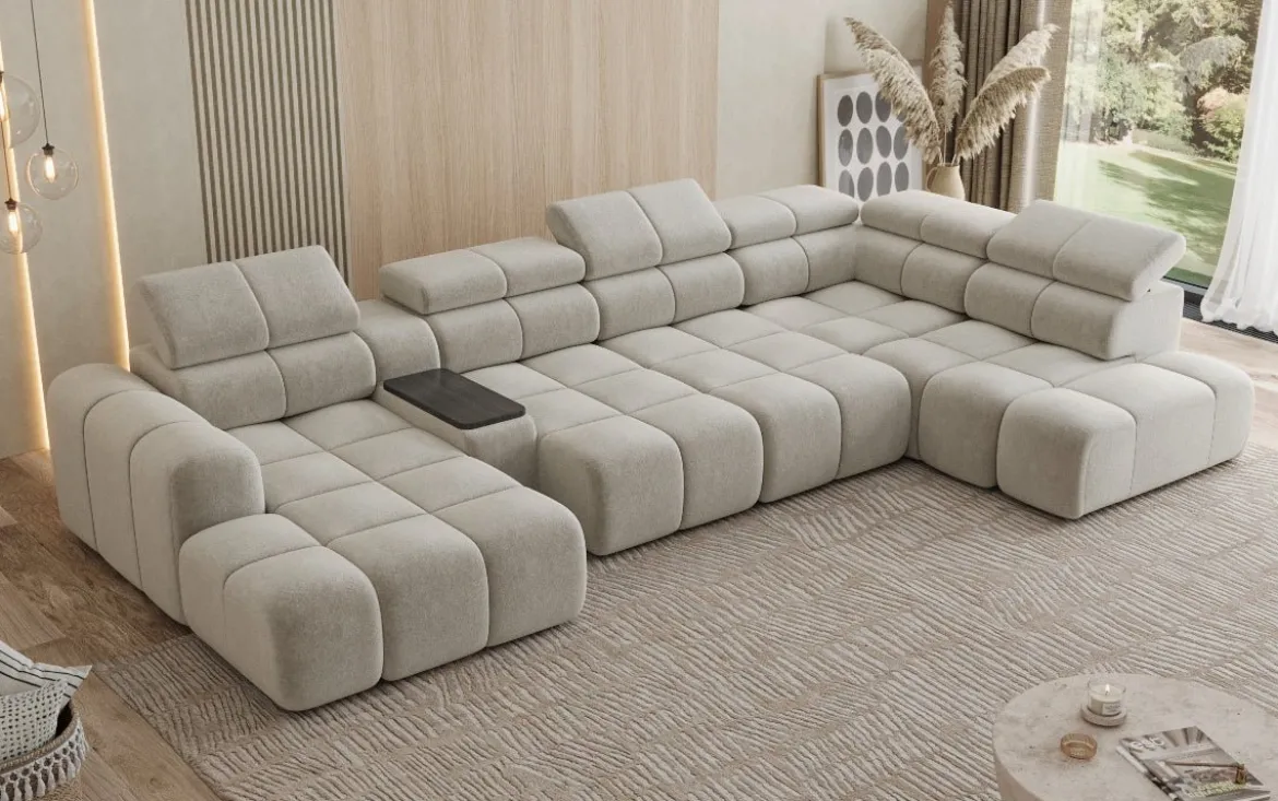 Designer Sofa Wohnlandschaft Mia mit elektrischer Sitzerweiterung in Chenille