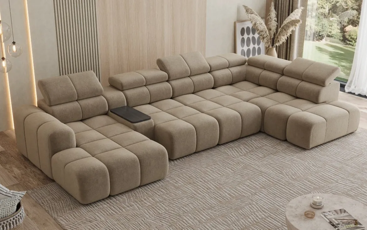 Designer Sofa Wohnlandschaft Mia mit elektrischer Sitzerweiterung in Chenille