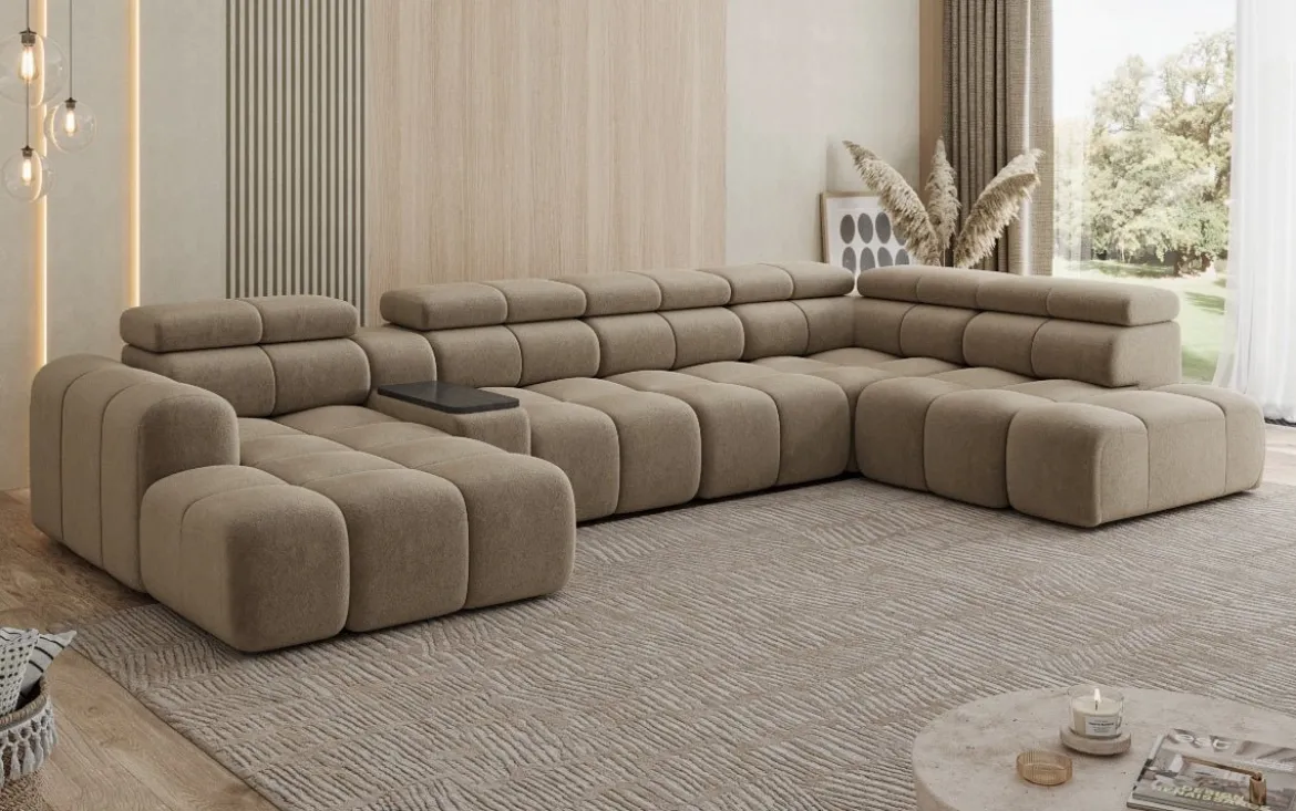 Designer Sofa Wohnlandschaft Mia mit elektrischer Sitzerweiterung in Chenille