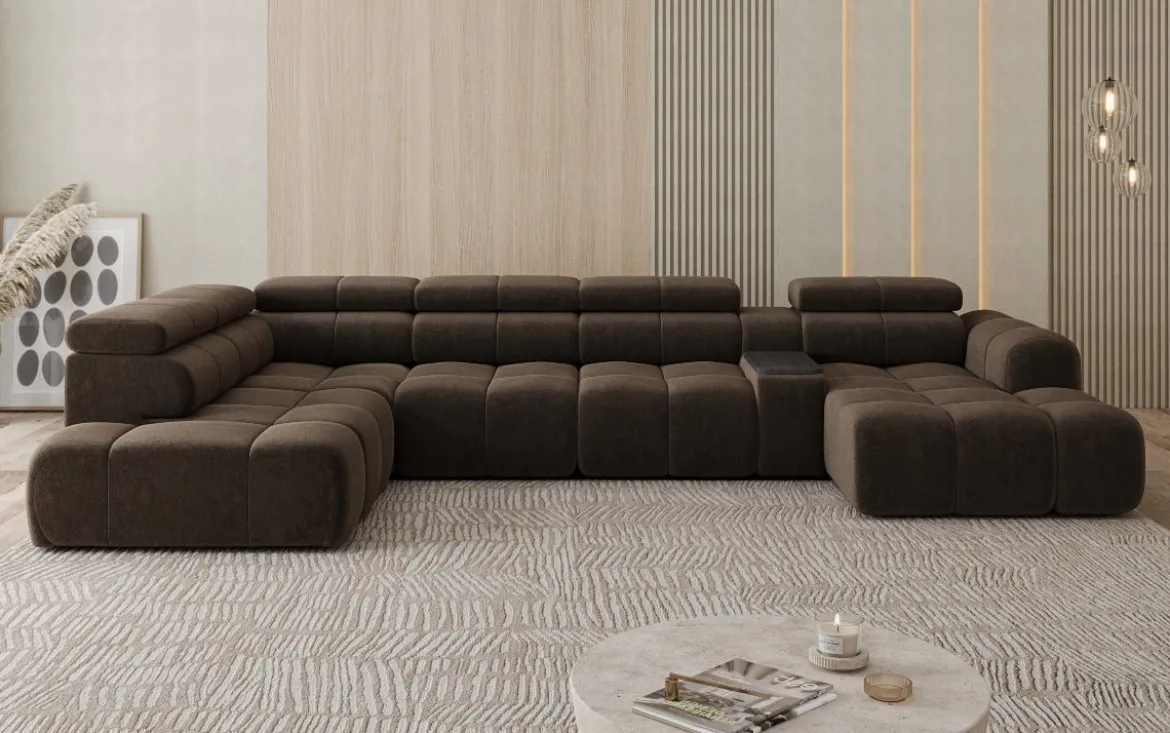 Designer Sofa Wohnlandschaft Mia mit elektrischer Sitzerweiterung in Chenille