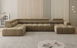 Designer Sofa Wohnlandschaft Mia mit elektrischer Sitzerweiterung in Chenille