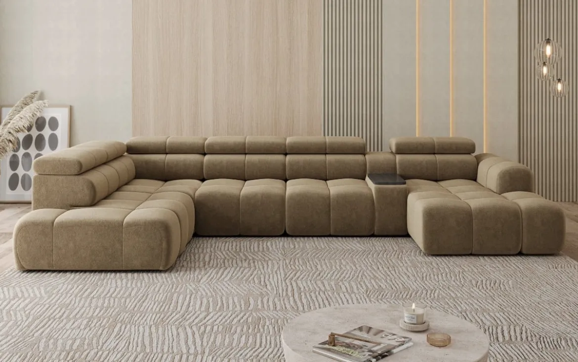 Designer Sofa Wohnlandschaft Mia mit elektrischer Sitzerweiterung in Chenille