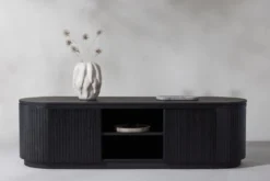 Designer TV-Lowboard Sundby – Schwarz in Eichenoptik mit Lamellenfront