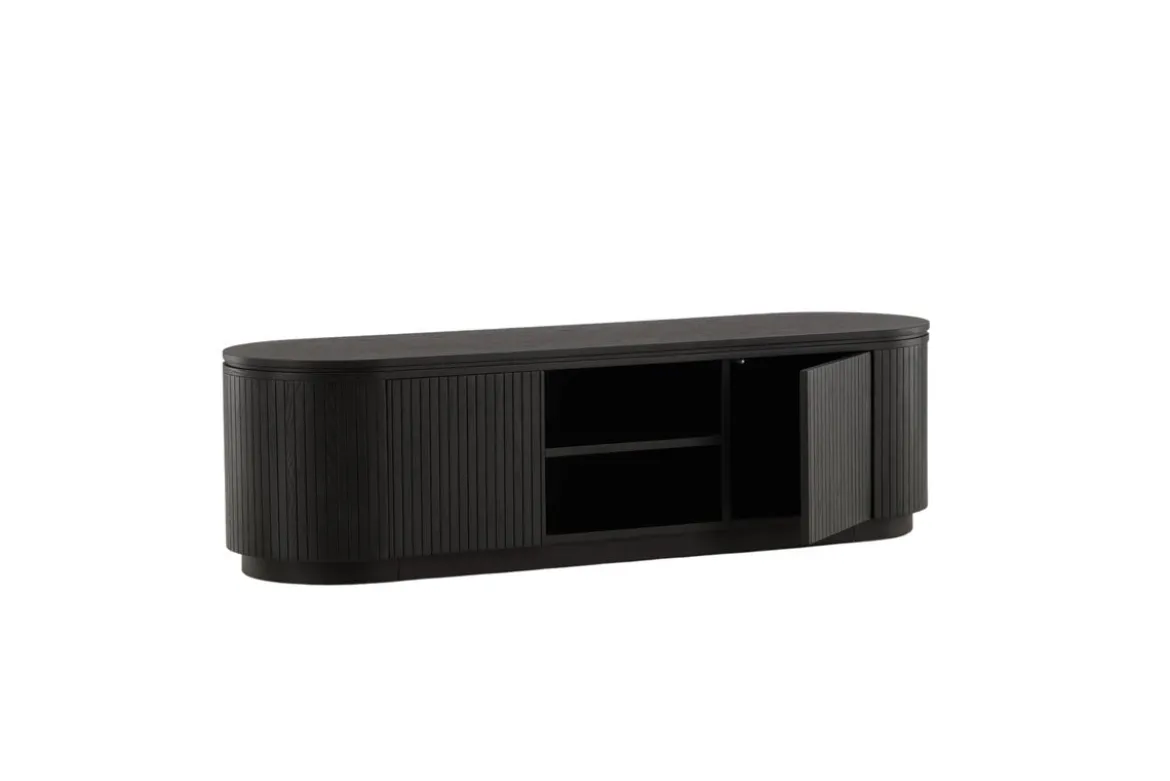 Designer TV-Lowboard Sundby – Schwarz in Eichenoptik mit Lamellenfront