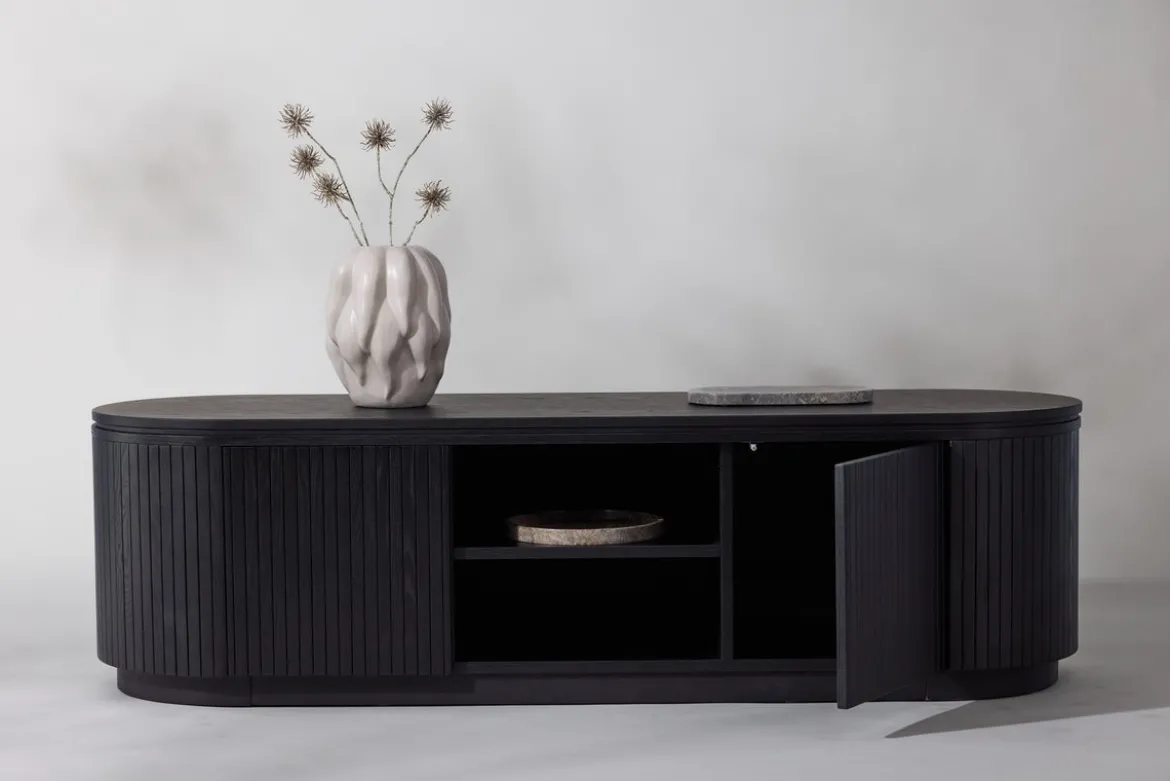 Designer TV-Lowboard Sundby – Schwarz in Eichenoptik mit Lamellenfront