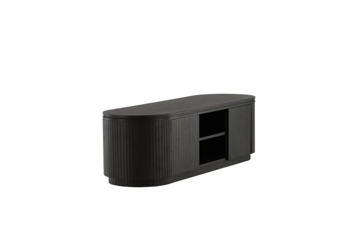 Designer TV-Lowboard Sundby – Schwarz in Eichenoptik mit Lamellenfront