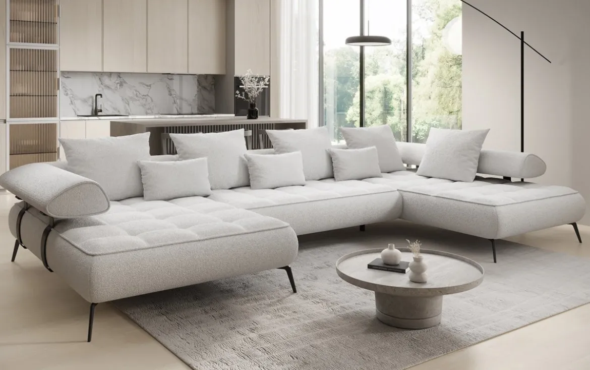 Designer U Sofa Sydney Bouclé mit elektrischer Schlaffunktion