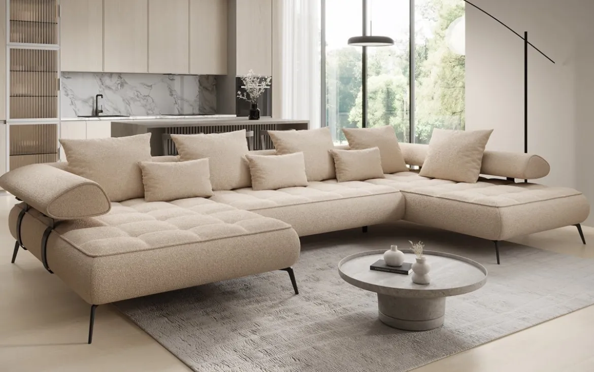 Designer U Sofa Sydney Bouclé mit elektrischer Schlaffunktion