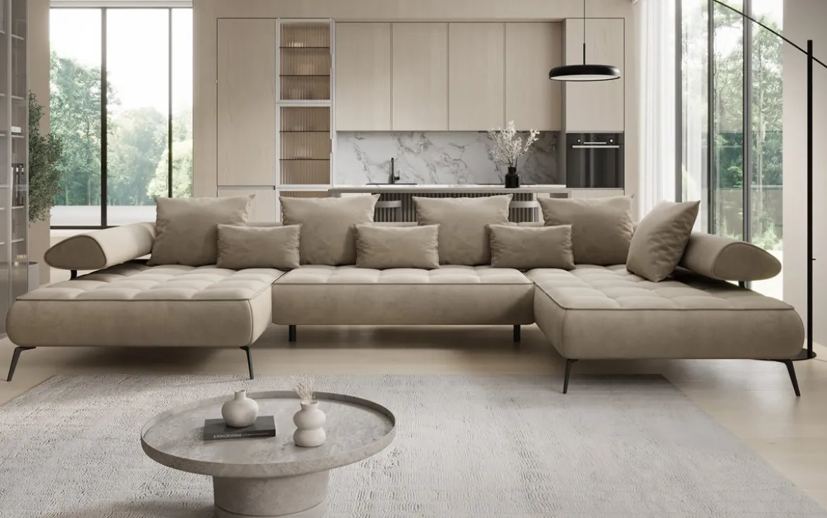Designer U Sofa Sydney Samt mit elektrischer Schlaffunktion