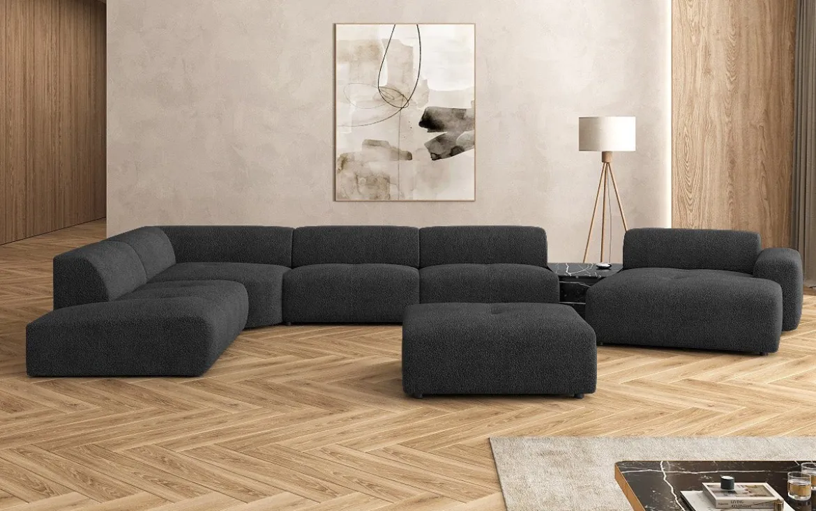 Designer Wohnlandschaft Calm mit Beistellhocker in Bouclé
