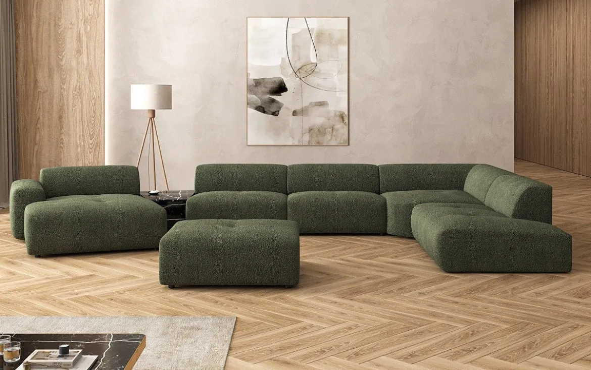 Designer Wohnlandschaft Calm mit Beistellhocker in Bouclé