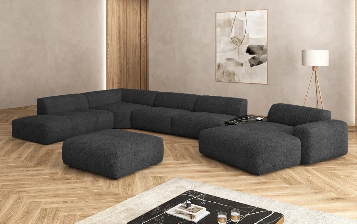 Designer Wohnlandschaft Calm mit Beistellhocker in Bouclé