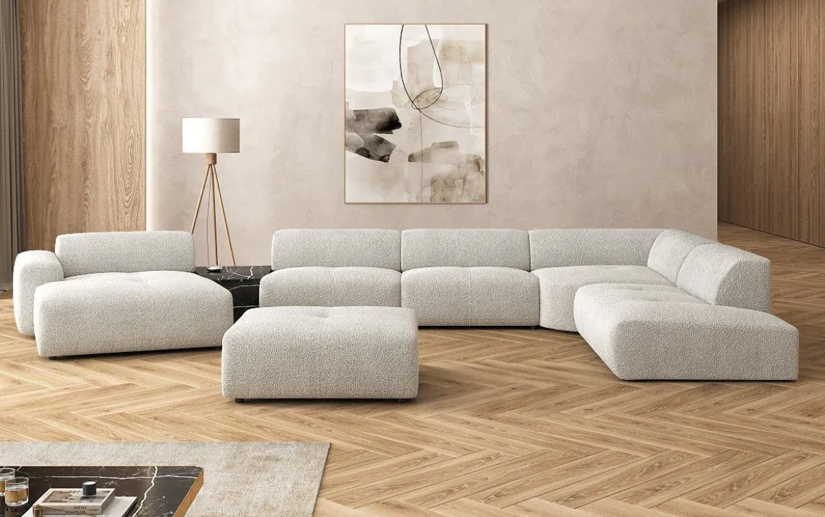Designer Wohnlandschaft Calm mit Beistellhocker in Bouclé