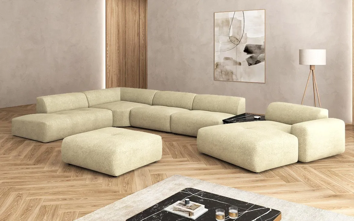 Designer Wohnlandschaft Calm mit Beistellhocker in Bouclé