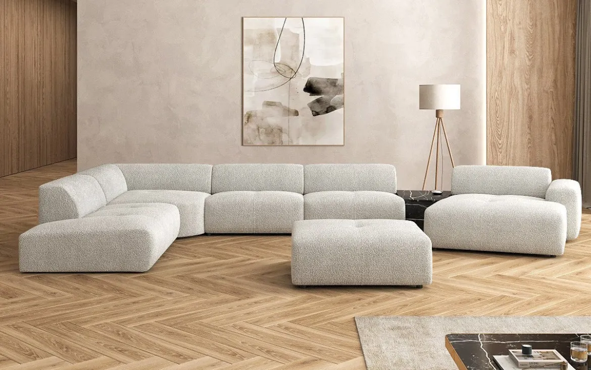 Designer Wohnlandschaft Calm mit Beistellhocker in Bouclé