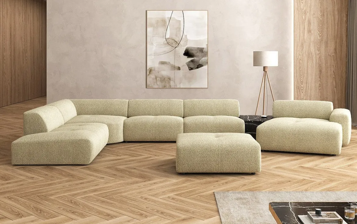 Designer Wohnlandschaft Calm mit Beistellhocker in Bouclé