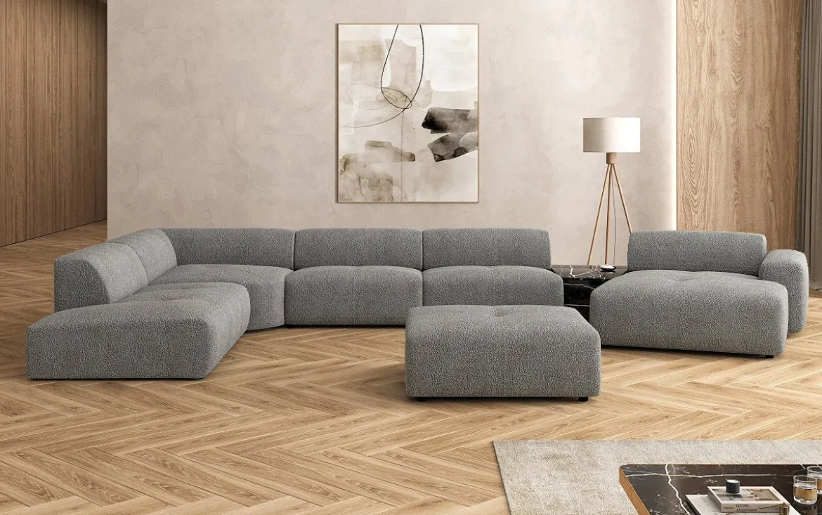 Designer Wohnlandschaft Calm mit Beistellhocker in Bouclé