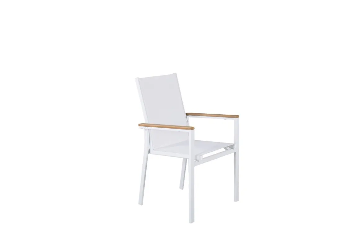 2er Set Gartenstuhl Lua - aus weißem Aluminium, mit Sitzfläche aus Textilene und Teakholz-Details