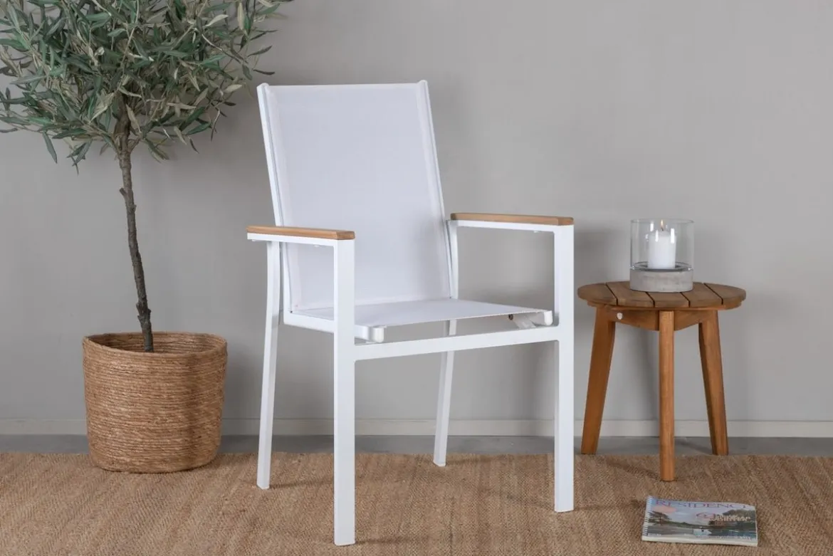 2er Set Gartenstuhl Lua - aus weißem Aluminium, mit Sitzfläche aus Textilene und Teakholz-Details