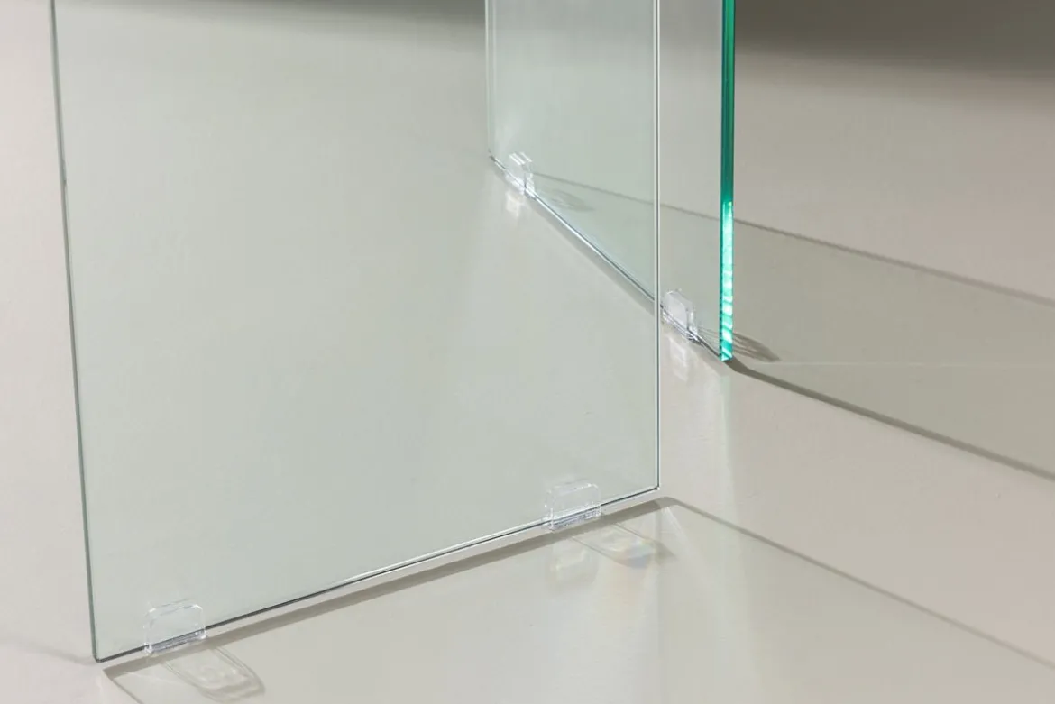 Esstisch Brevon - moderner Esstisch auf einem Glasgestell mit hellgrauer Tischplatte