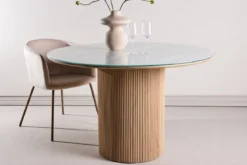 Esstisch Orlén – Runder Design-Esstisch Ø120 cm mit Glasplatte und geriffeltem Fuß