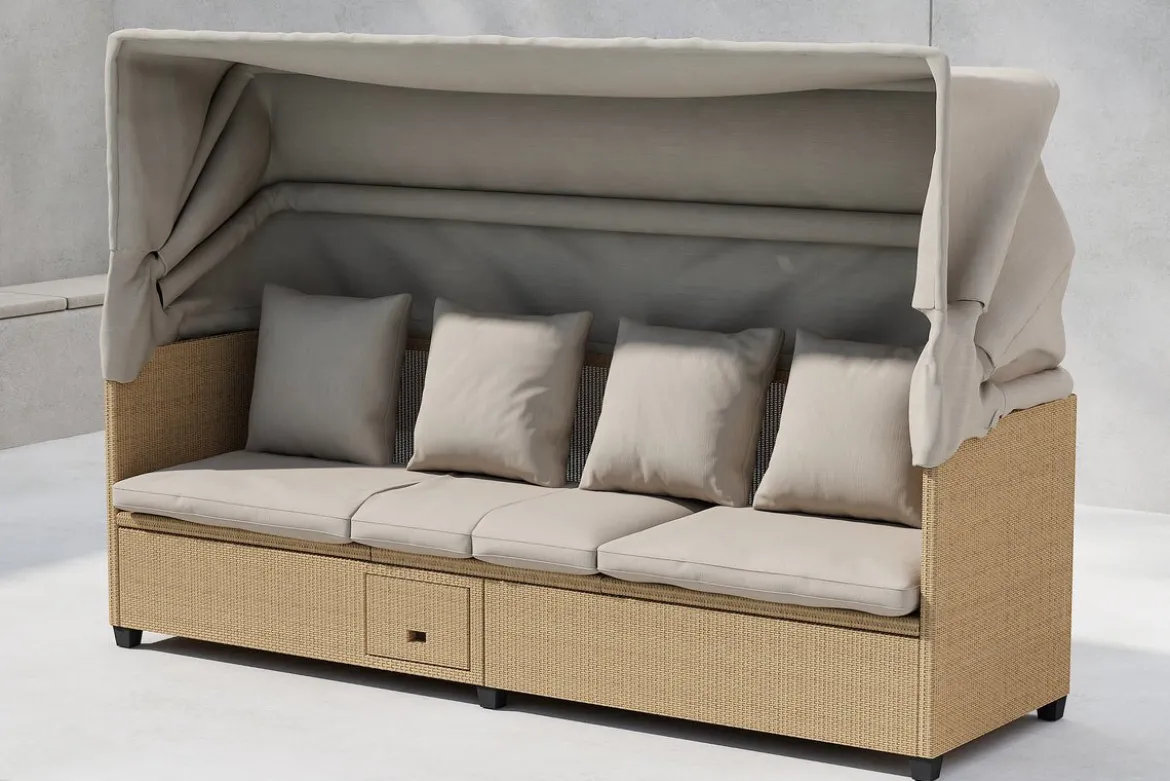 Garten Daybed Merano – Outdoor-Liege mit Sonnendach aus Polyrattan in Beige