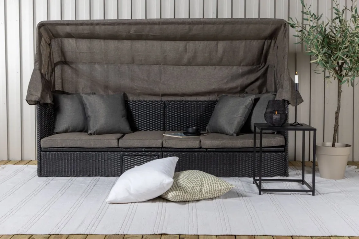 Garten Daybed Merano – Outdoor-Liege mit Sonnendach aus Polyrattan in Schwarz