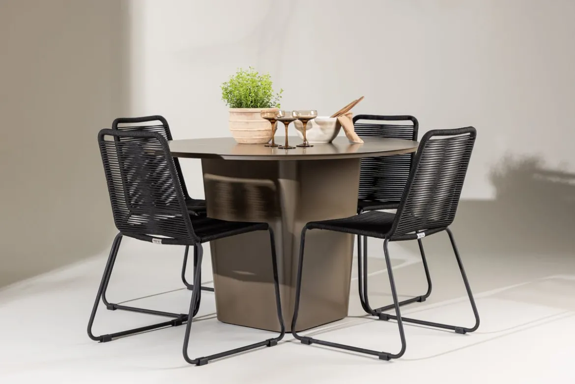 Garten Essgruppe Aiko – 5-teiliges Gartenmöbel-Set mit braunem runden Tisch
