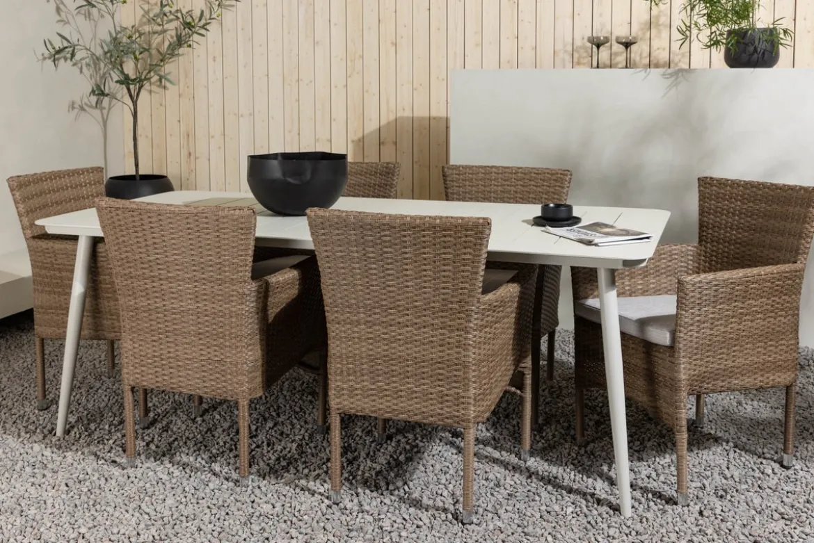 Garten Essgruppe Brooks – 7-teiliges Gartenmöbel-Set in Braun/Weiß