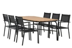 Garten Essgruppe Mirabell – 7-teiliges Gartenmöbel-Set mit Tisch aus Akazie und schwarzen Stühlen