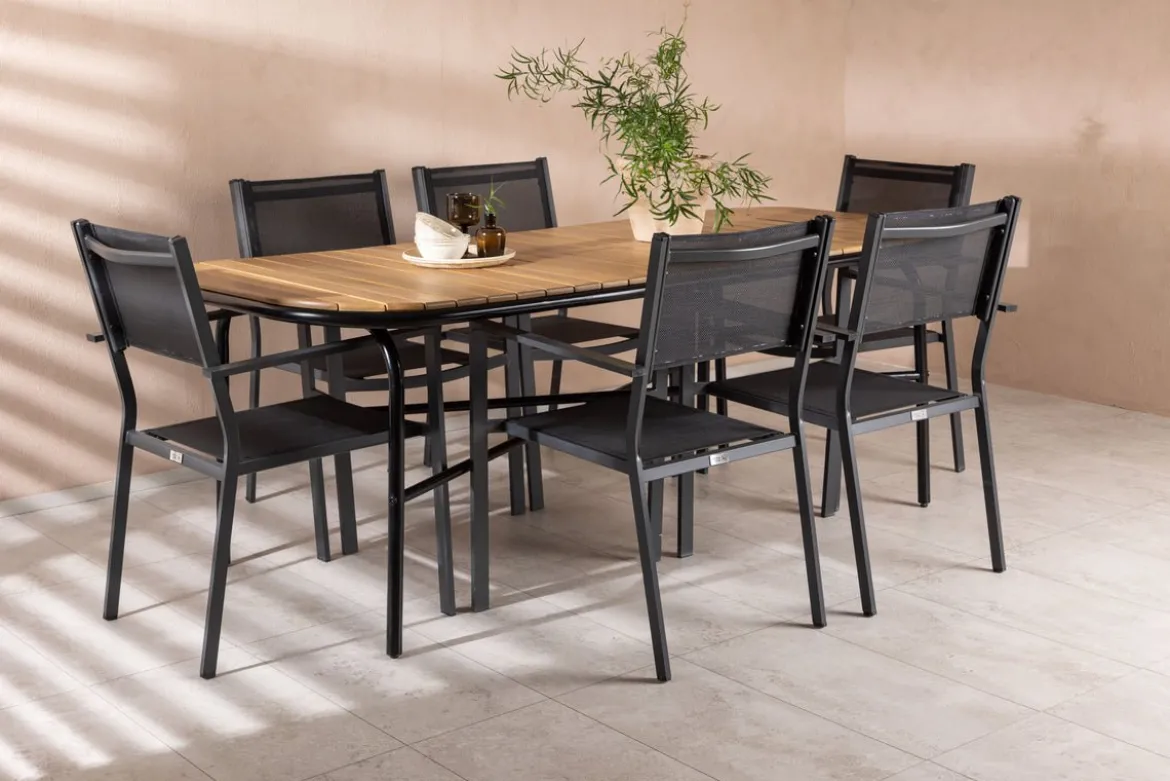 Garten Essgruppe Mirabell – 7-teiliges Gartenmöbel-Set mit Tisch aus Akazie und schwarzen Stühlen