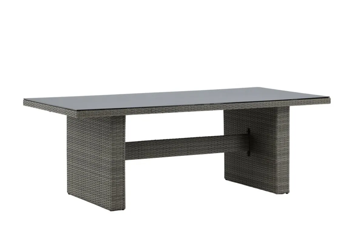 Garten Esstisch Valerio - 200x100 cm aus grauem Rattan mit Glasplatte