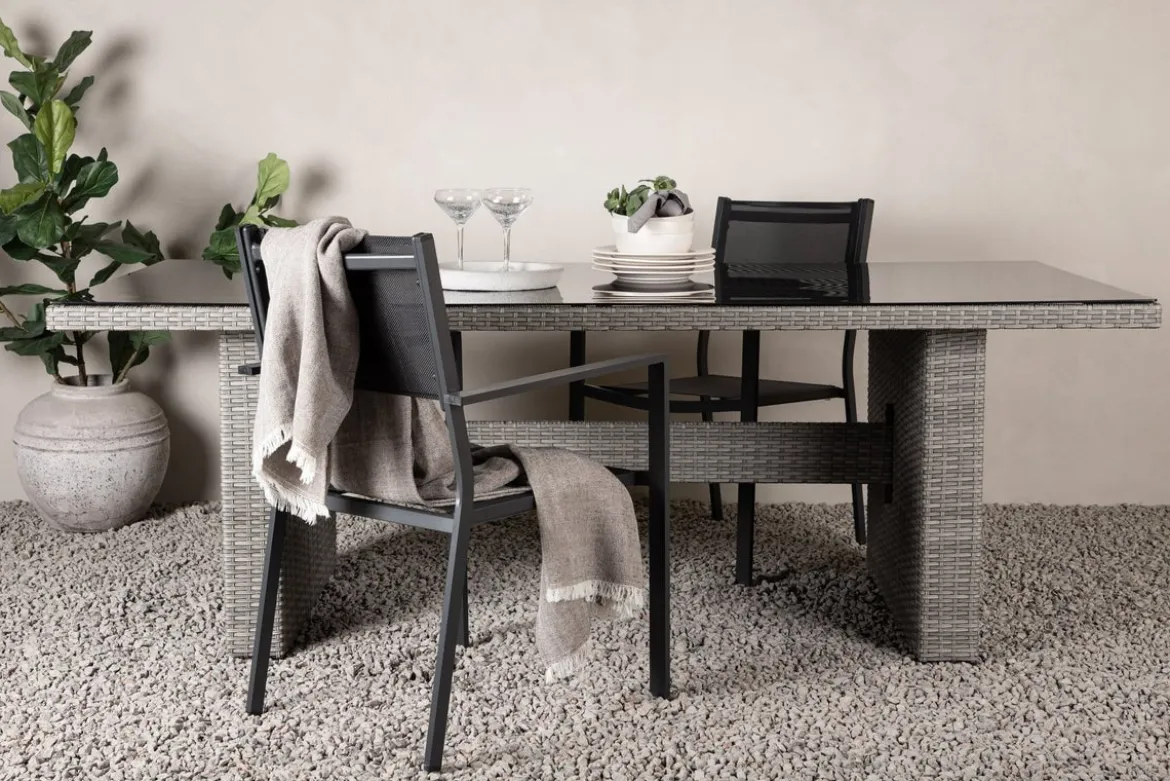 Garten Esstisch Valerio - 200x100 cm aus grauem Rattan mit Glasplatte