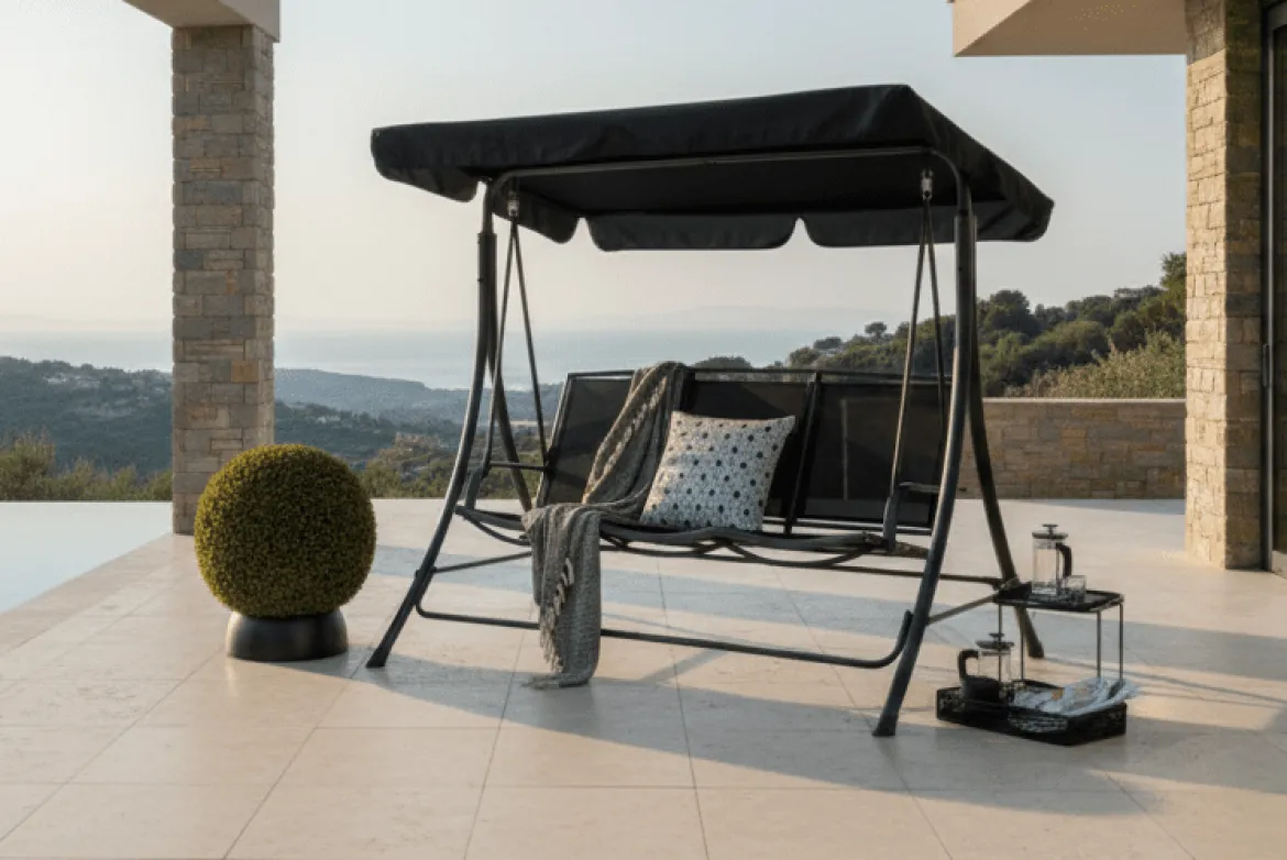 Garten Hollywoodschaukel Madeira - mit Polyesterbezug und Stahlgestell in Schwarz