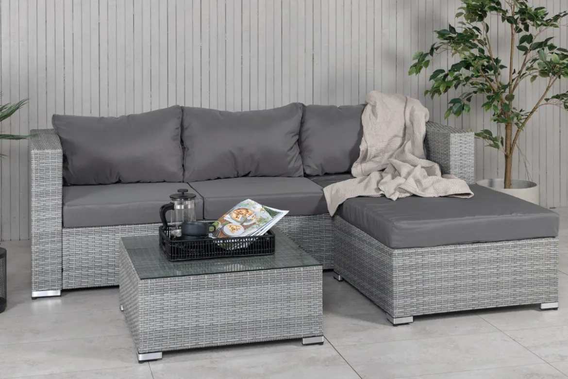 Garten Loungeset Amelia – Polyrattan Sofa mit Tisch & Kissen in Grau