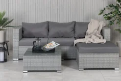 Garten Loungeset Amelia – Polyrattan Sofa mit Tisch & Kissen in Grau